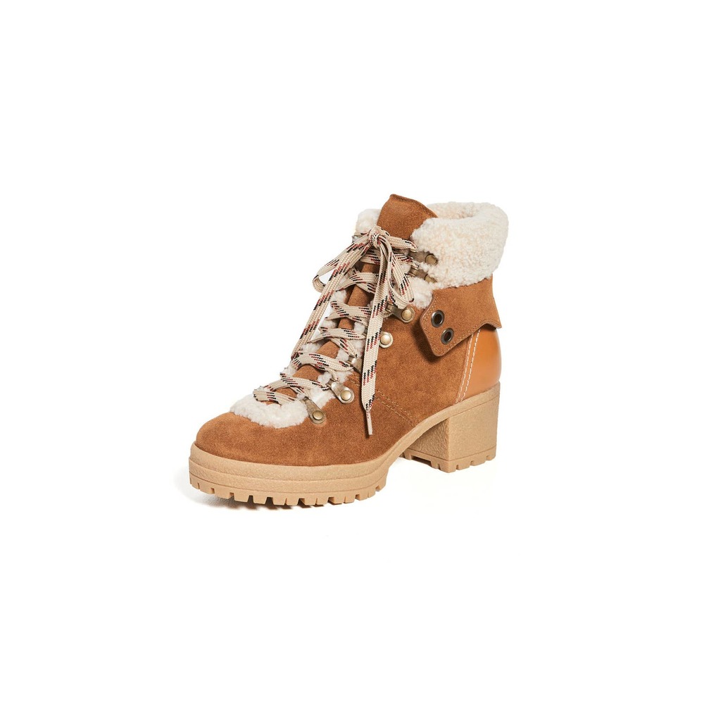 See By Chloe Tan Suede Shearling-Trim Lace-Up Block Heel Booties
